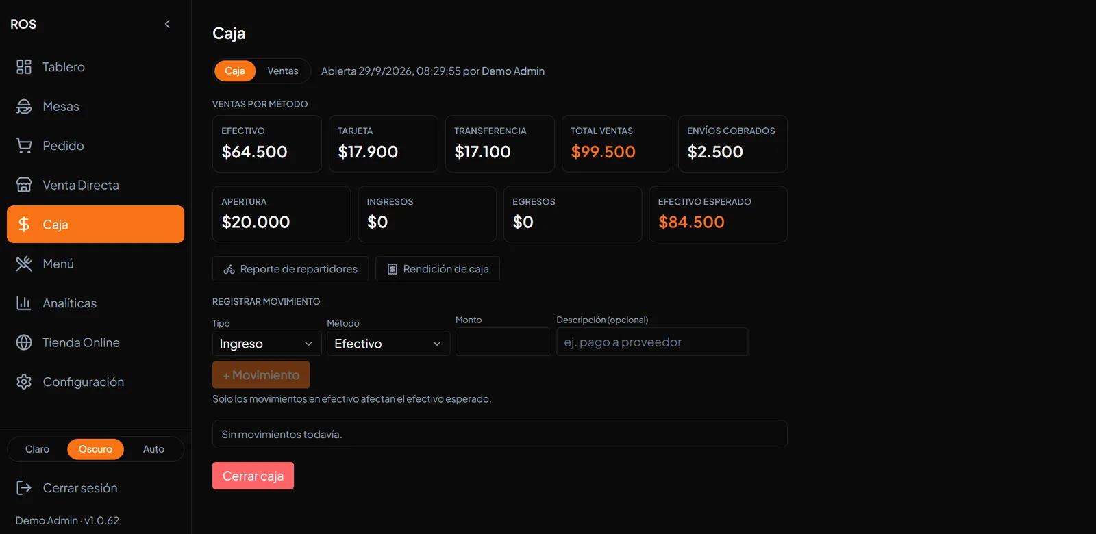 La pantalla de Caja de ROS mostrando las ventas separadas por efectivo, tarjeta y transferencia, el monto de apertura y el efectivo esperado.