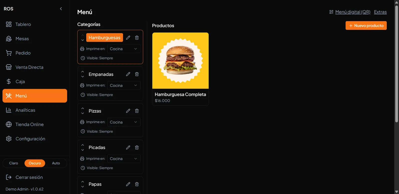 La pantalla de Menú de ROS, con cada categoría mostrando en qué zona de impresión imprime y desde cuándo es visible.