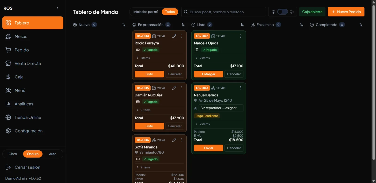 El Tablero de Mando de ROS con pedidos en preparación y listos, cada uno con su número, el cliente, el total y la dirección de entrega.