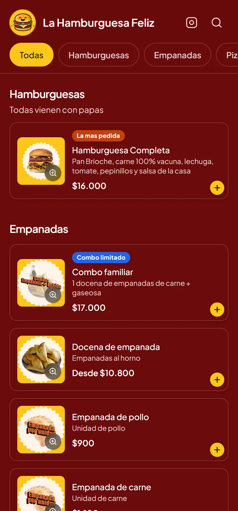 La tienda online de un local en un teléfono, con el diseño minimalista: los productos en filas con su foto chica, agrupados por categoría.